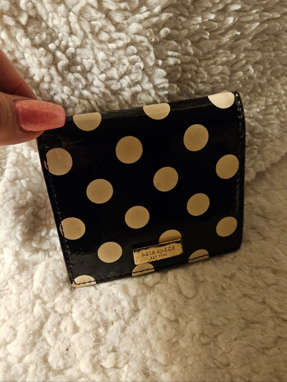 kate spade New York Mini Patent Leather Black and Cream Polka Dot Compact Wallet